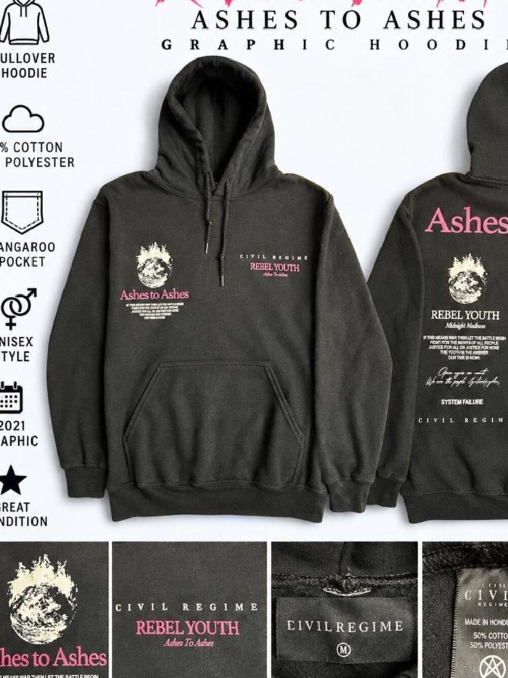 Civil Regime Ashes to Ashes Hoodie Black Medium 2021